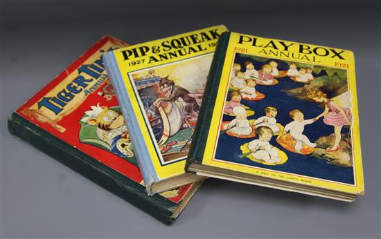 A large collection of 1920s-30s Childrens Annuals, including Pip and Squeak, Playbox, Tiger Tims, in 3 boxes